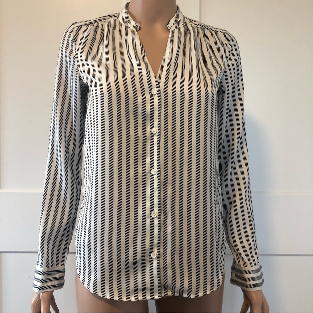 H&M Cream Black Stripes Silky Pleated Cuffs Blouse Shirt 32 2 XS